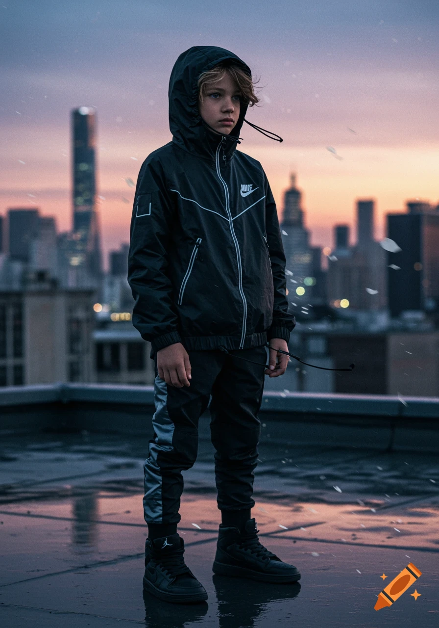 A boy in a black Nike jacket and pants stands on a wet rooftop at dusk, with a city skyline in the background.