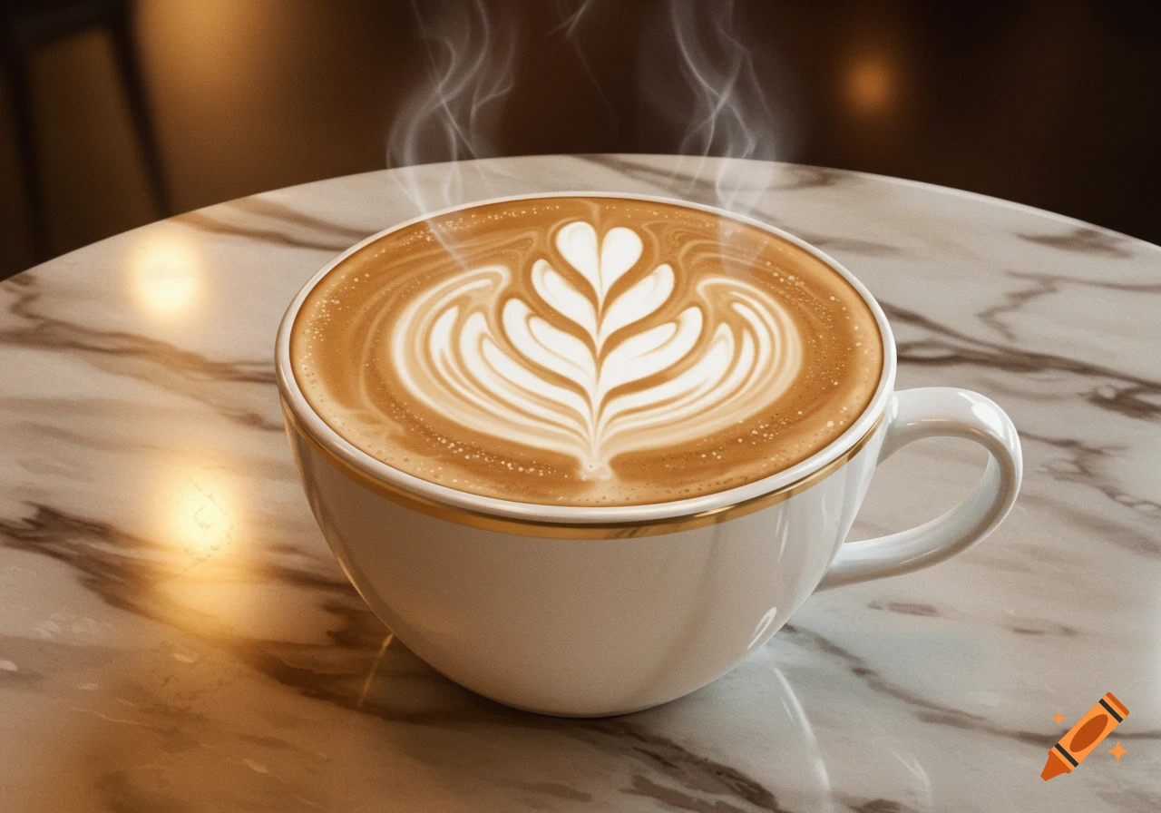A steaming cup of coffee with detailed latte art sits on a white marble table.