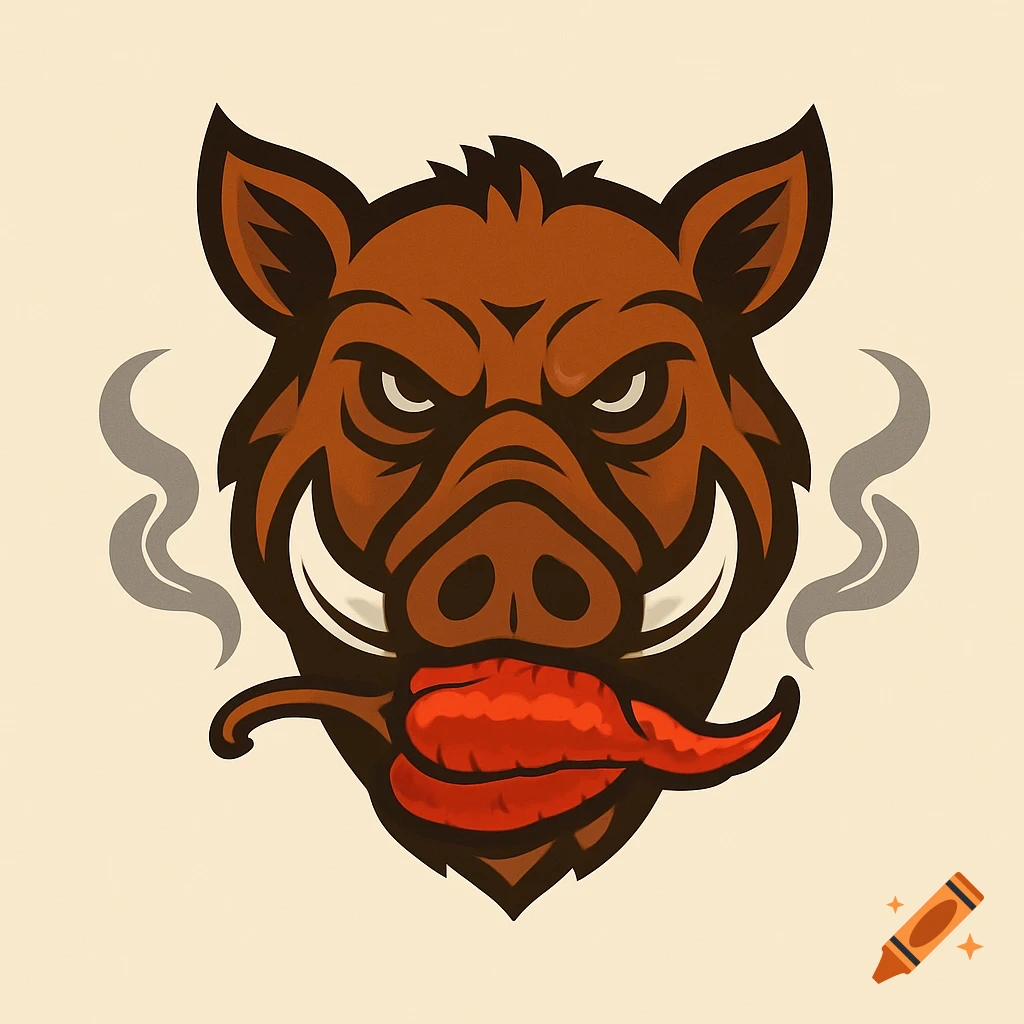 Logo illustration of an angry brown wild boar holding a red chili pepper with smoke coming from its nostrils.