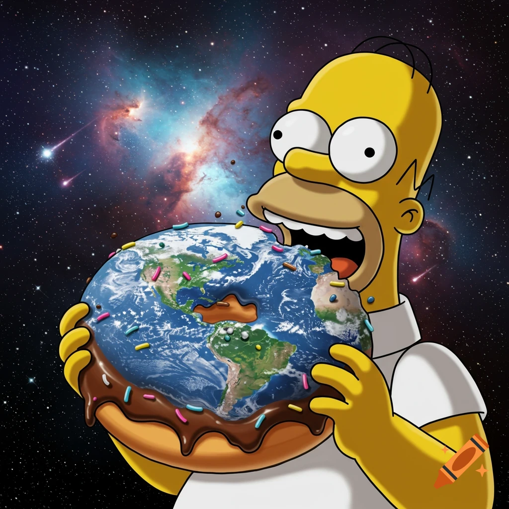 Homer Simpson bites into a donut-shaped Earth with sprinkles, set against a vibrant galaxy background with stars and nebulae.