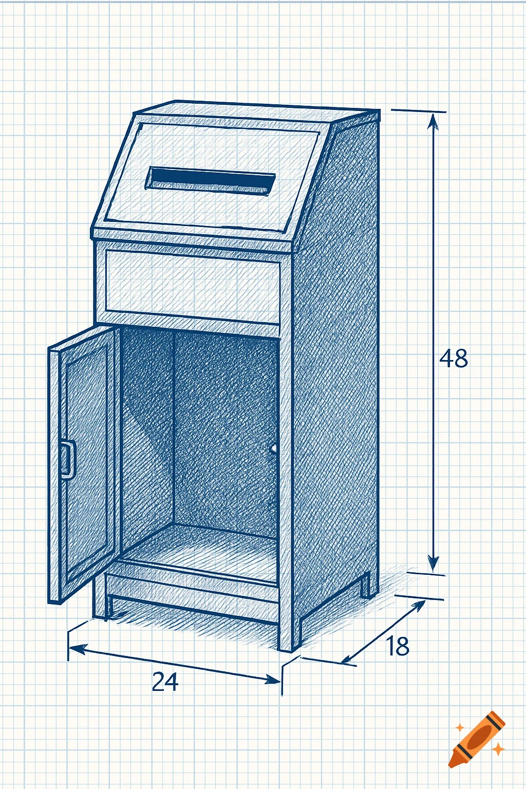 Blueprint drawing of an open mail dropoff box with dimensions indicated.