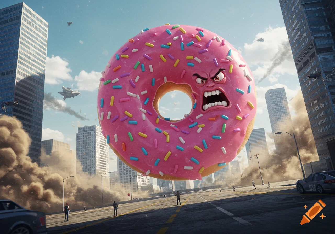 A giant angry pink donut with sprinkles hovers over a city street, causing dust clouds with fighter jets in the sky.