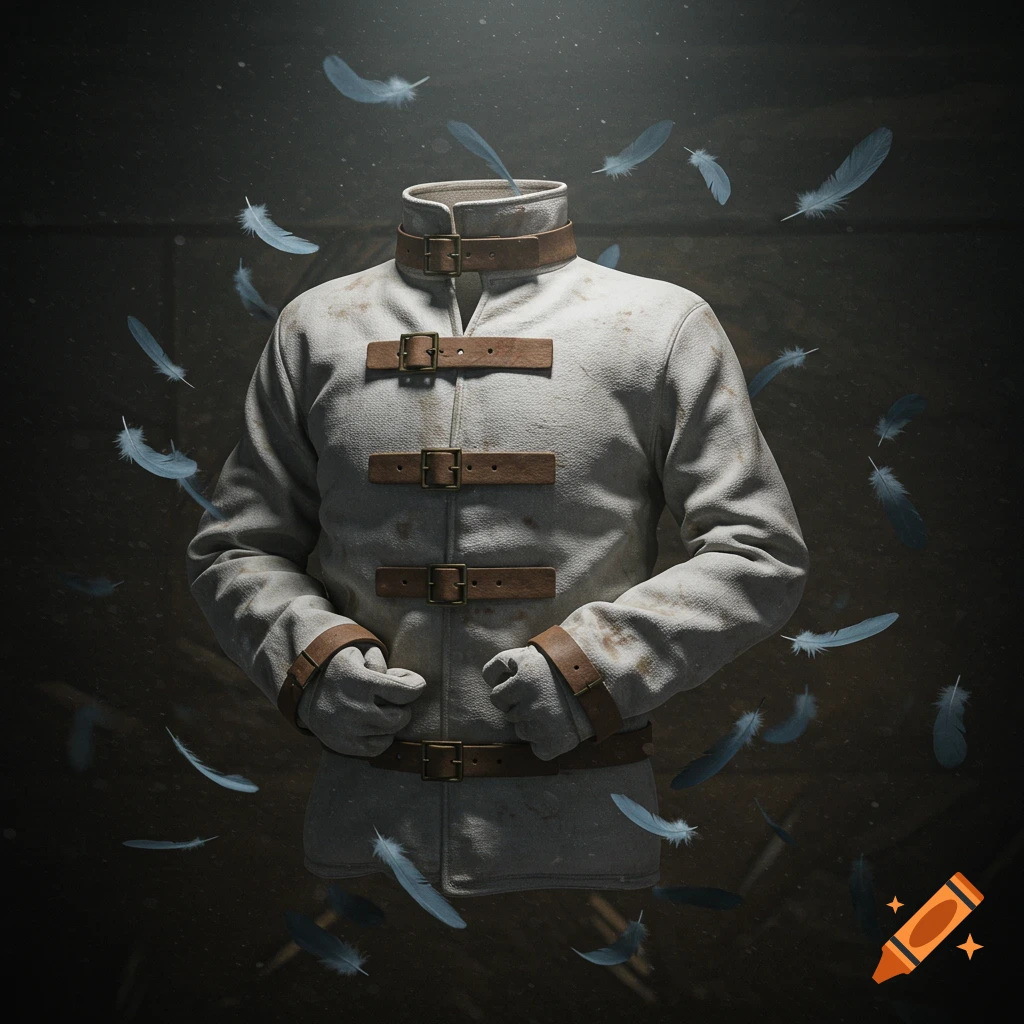 A white straight jacket with brown leather straps and buckles floats in a dark space, surrounded by falling light blue feathers.