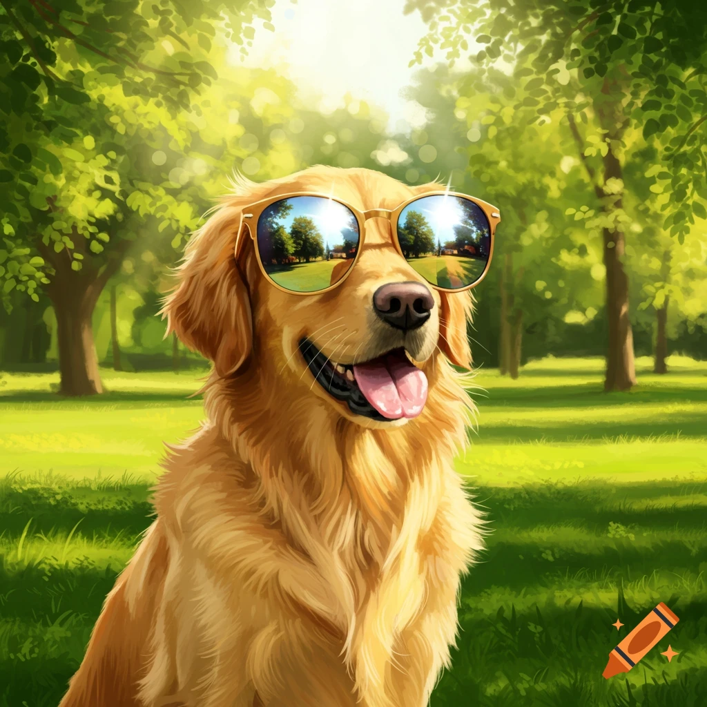 A happy golden retriever wearing cool sunglasses sits in a sunny park with trees and green grass.