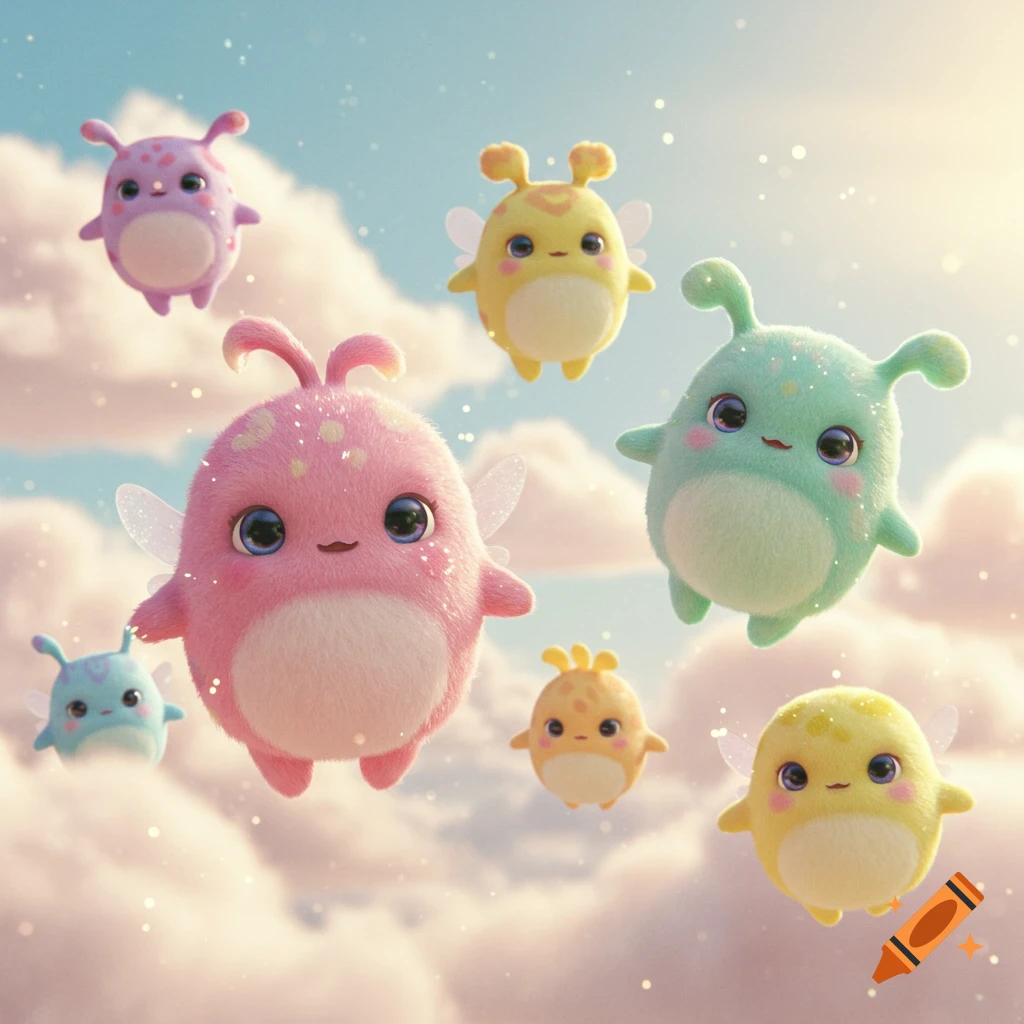 Multiple colorful, fluffy, winged cartoon creatures float among clouds in a bright sky.