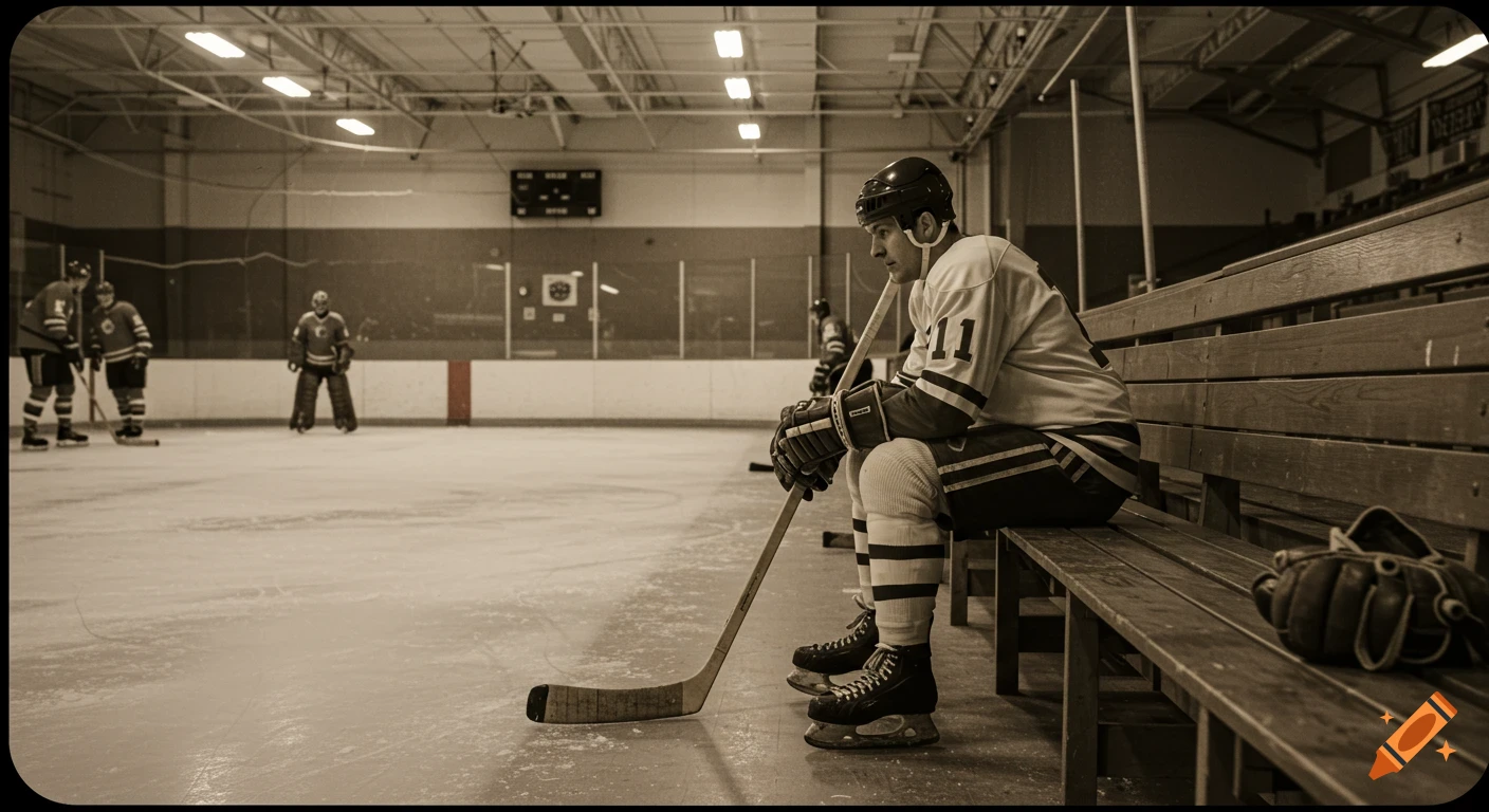 A vintage, sepia-toned photo of a hockey player sitting on a bench in a rink, holding his stick.