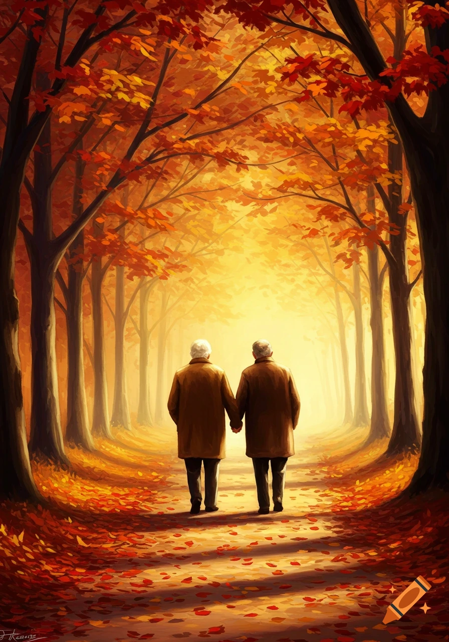 An elderly couple holding hands walks away from the viewer down a sunlit path in an autumn forest filled with vibrant orange and red leaves.