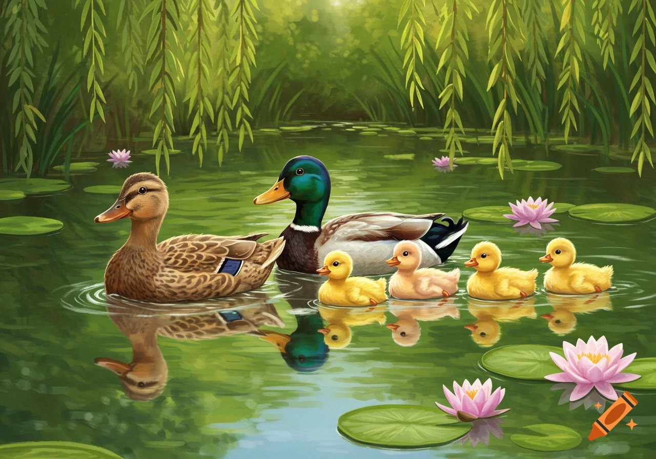 Two adult ducks and four ducklings swim in a lily pad pond with weeping willow trees.