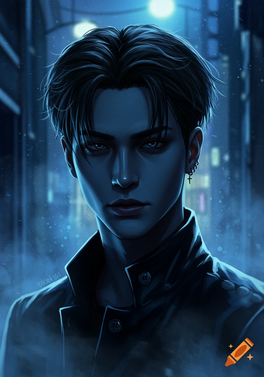 Digital art portrait of a young man with dark hair and blue eyes, wearing a black jacket, against a blurry, blue-toned city night.