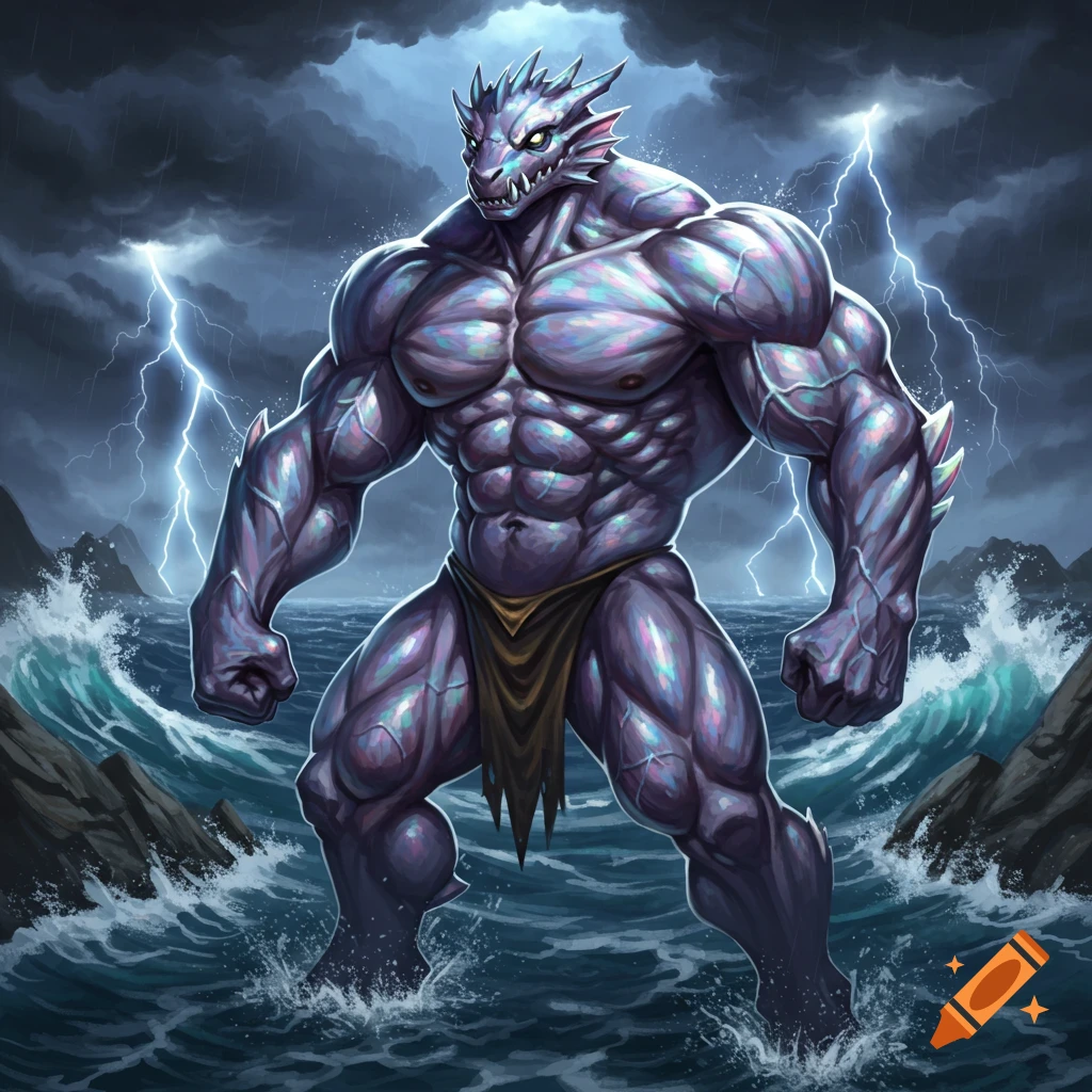 A very muscular, purple reptilian creature stands in stormy ocean water with lightning in the dark sky, digital painting.