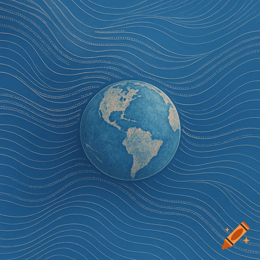 Stylized blue Earth globe with textured landmasses on a wavy blue background.