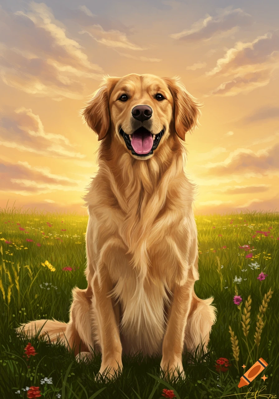 A happy golden retriever sits in a field of wildflowers at sunset, painted in a bright, colorful style.