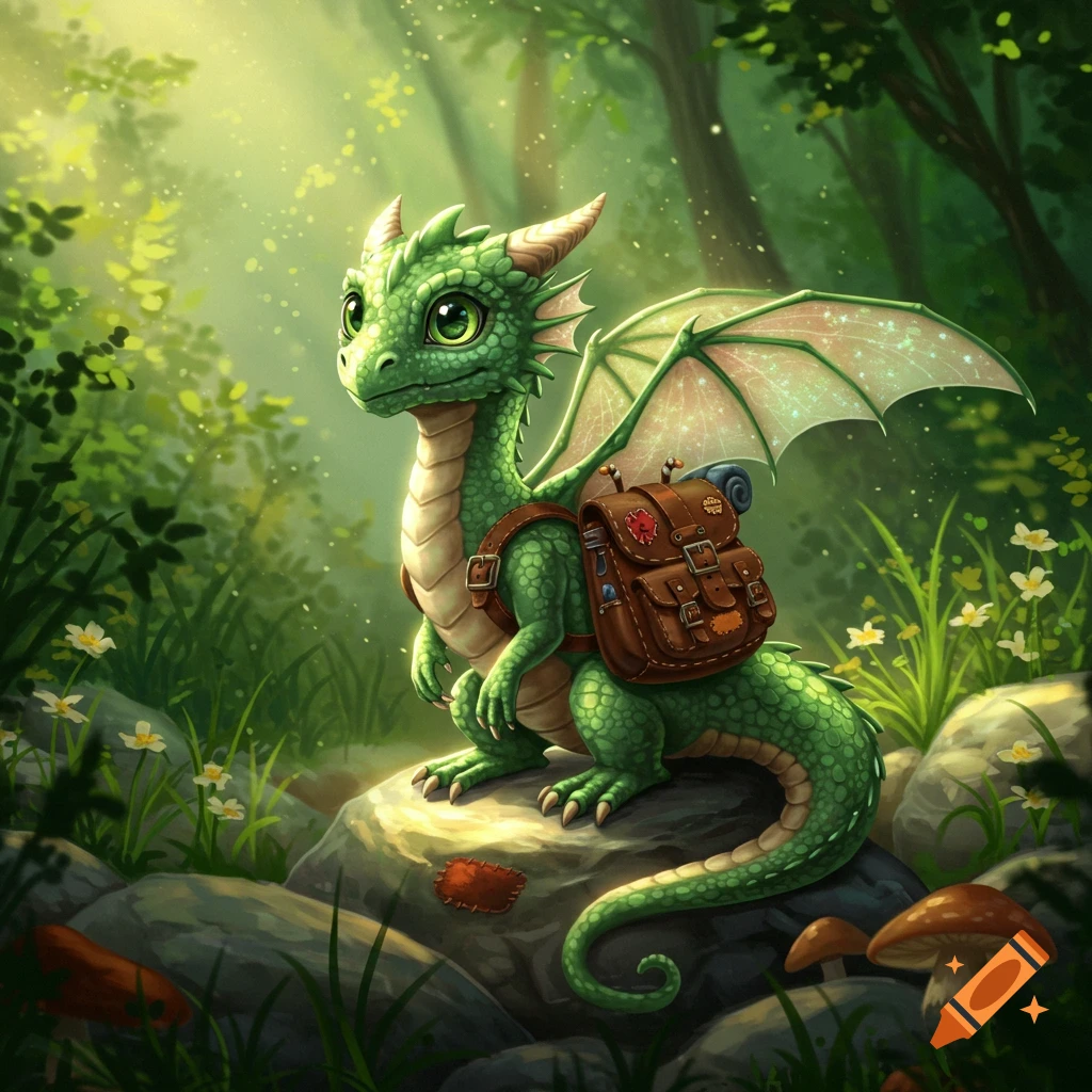 A cute, green baby dragon with a brown backpack sits on a rock in a sunlit forest, surrounded by green foliage and white flowers.