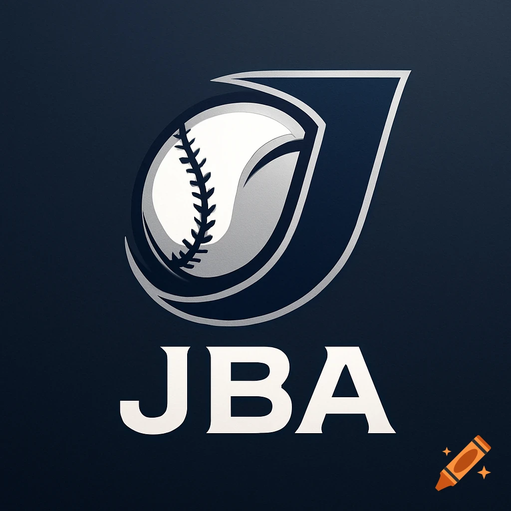 Baseball association logo with a stylized J incorporating a baseball and the letters JBA, on a dark blue background.