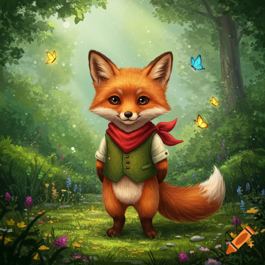 A cute anthropomorphic fox in a green vest and red bandana stands in a vibrant forest with butterflies, illustrated in a whimsical style.