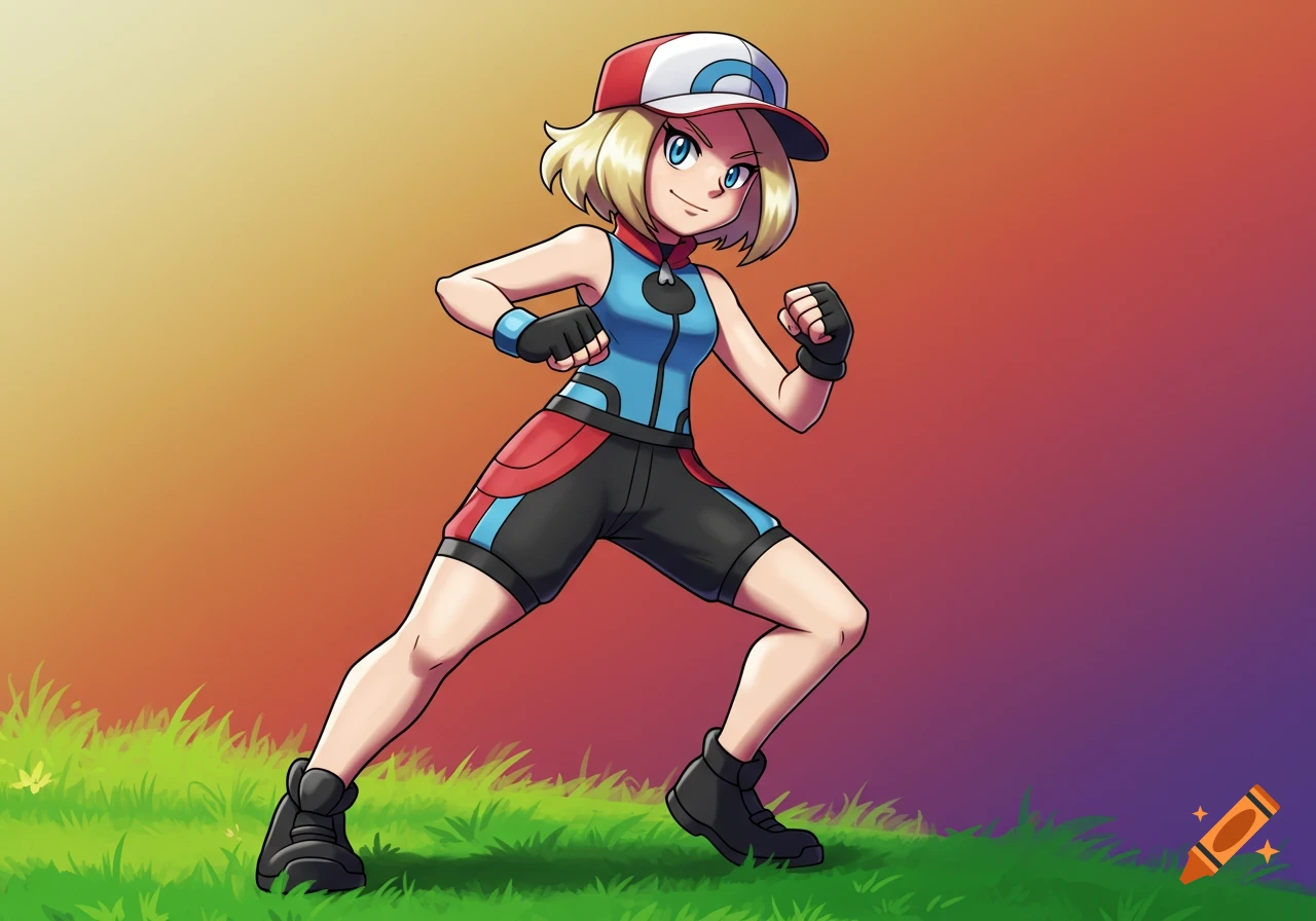 A blonde, blue-eyed Pokémon trainer girl in a red and blue outfit and cap, standing in a fighting stance in a Pokémon art style.