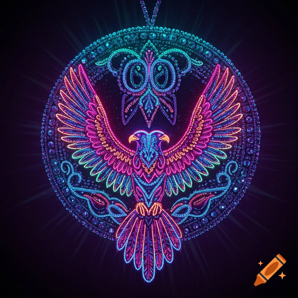 A vibrant neon and beaded medallion featuring an eagle with outstretched wings against a dark background.