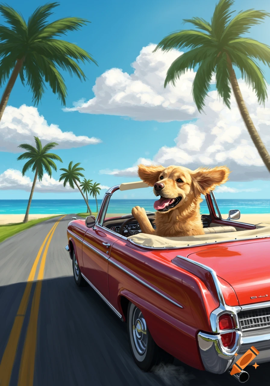 A happy golden retriever with ears flapping drives a red convertible along a sunny coastal road with palm trees and ocean.