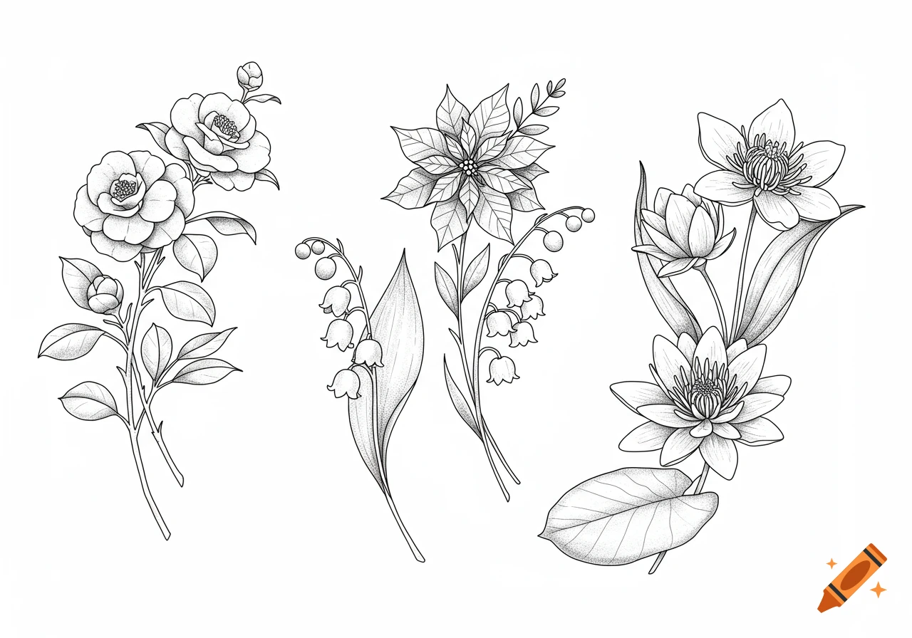 Three black and white floral arrangements in a tattoo outline style, featuring camellias, lilies of the valley, and water lilies.
