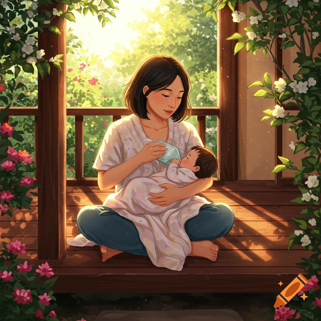 An illustration of an Asian mother sitting on a wooden porch, bottle-feeding her baby amidst lush green foliage and flowers.