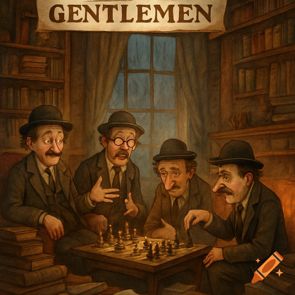 Four caricatured men in vintage attire with mustaches and bowler hats play chess in a dimly lit library beneath a 'GENTLEMEN' banner.