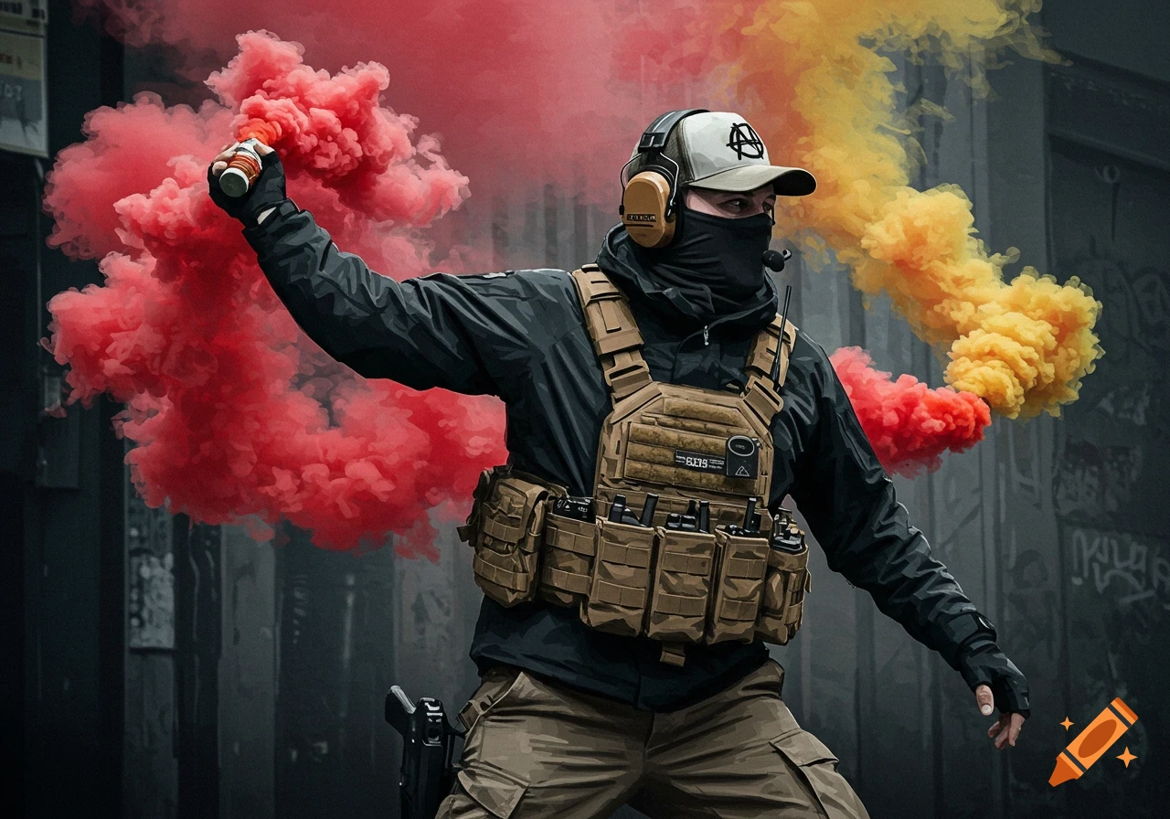 A person in tactical gear, balaclava, and cap with an anarchy symbol holds a red smoke grenade, with yellow smoke behind them in an urban setting.