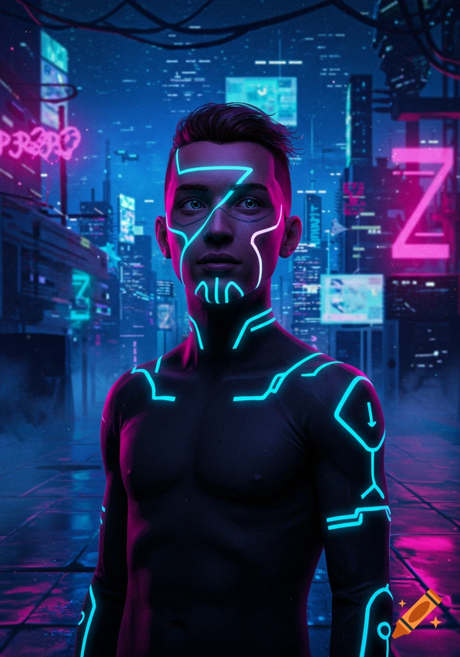 A man with glowing neon blue and white lines on his face and body stands in a dark, futuristic cityscape bathed in neon pink and blue light.