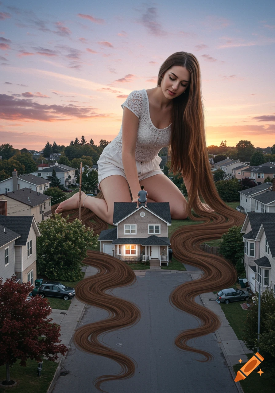 A photorealistic giantess with long brown hair kneels over a suburban neighborhood at sunset, while a small man sits on a house roof.
