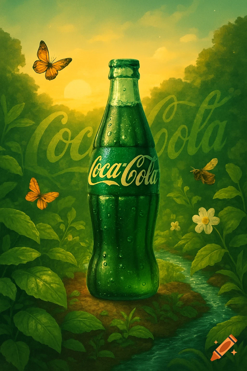 A green Coca-Cola bottle sits in a lush green jungle with butterflies, a river, and a golden sunset in the background.