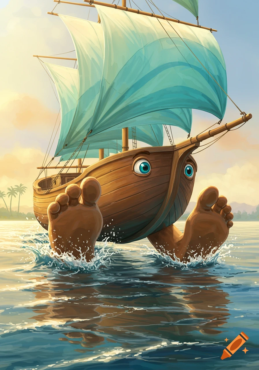 Whimsical illustrated sailboat with big feet and cartoon eyes walking through blue water, splashing, with distant palm trees.