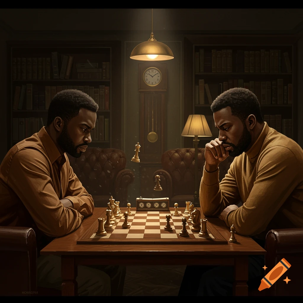 Two men with beards, dressed in earth-toned shirts, intensely play chess at a wooden table in a dimly lit, richly furnished room with bookshelves. Some chess pieces float above the board.