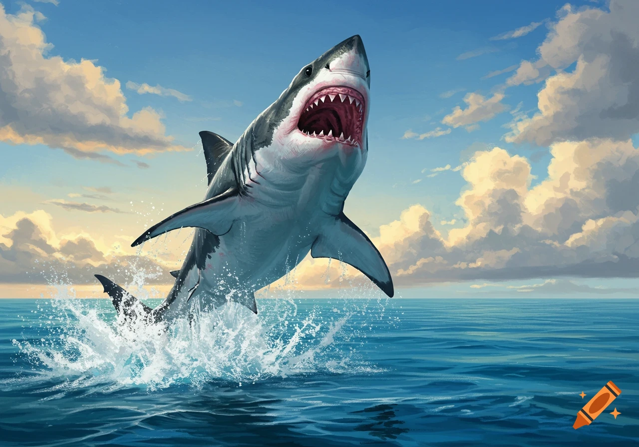A great white shark leaps from blue ocean water, mouth wide open, against a partly cloudy sky.
