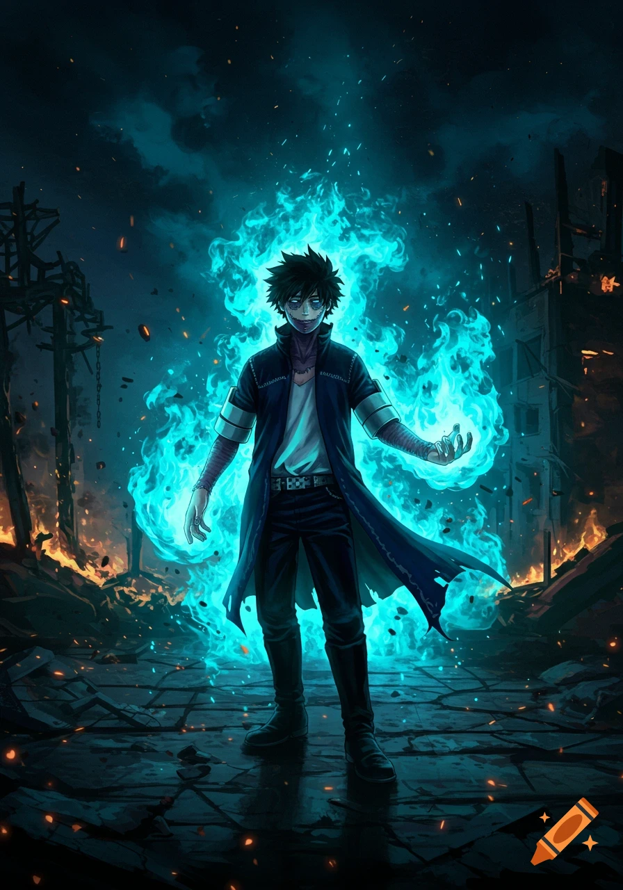 Anime male character Dabi with blue flames in a destroyed city.