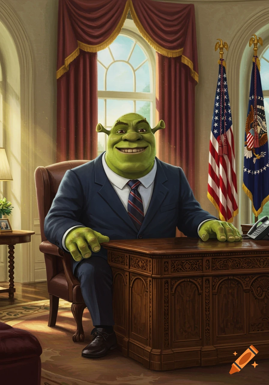 Shrek, dressed in a suit, smiles widely while sitting at a large wooden desk in the Oval Office, with American flags behind him.