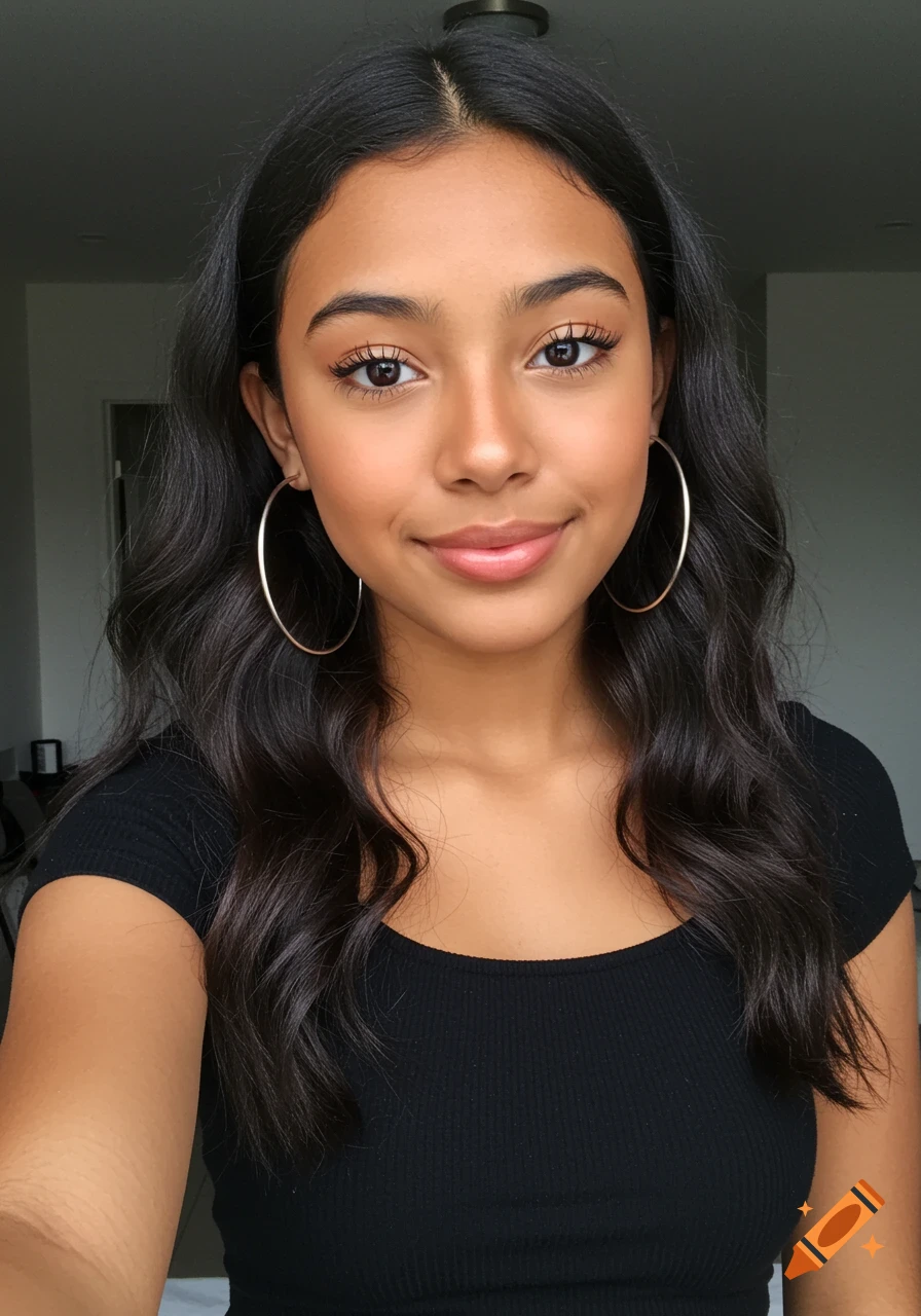Selfie of a young Hispanic woman with dark wavy hair, wearing a black ribbed top and large hoop earrings.