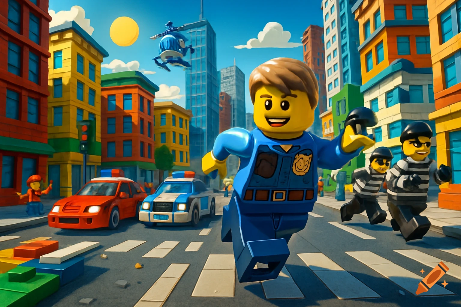 A smiling Lego police officer runs across a city street, pursuing two Lego minifigure thieves in striped shirts, with police cars and buildings in the background.