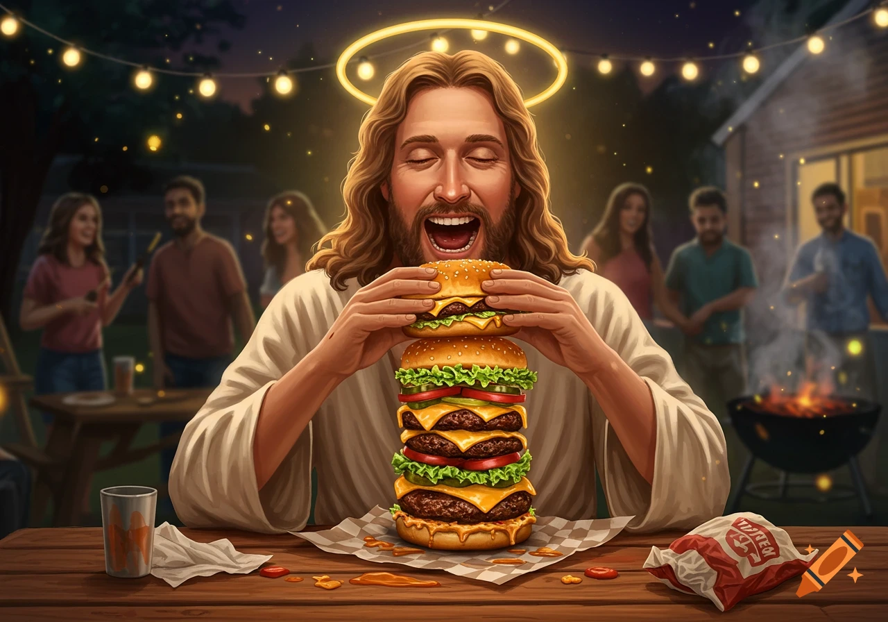 Smiling Jesus with a glowing halo holds a tall burger at a night backyard BBQ with people and string lights.