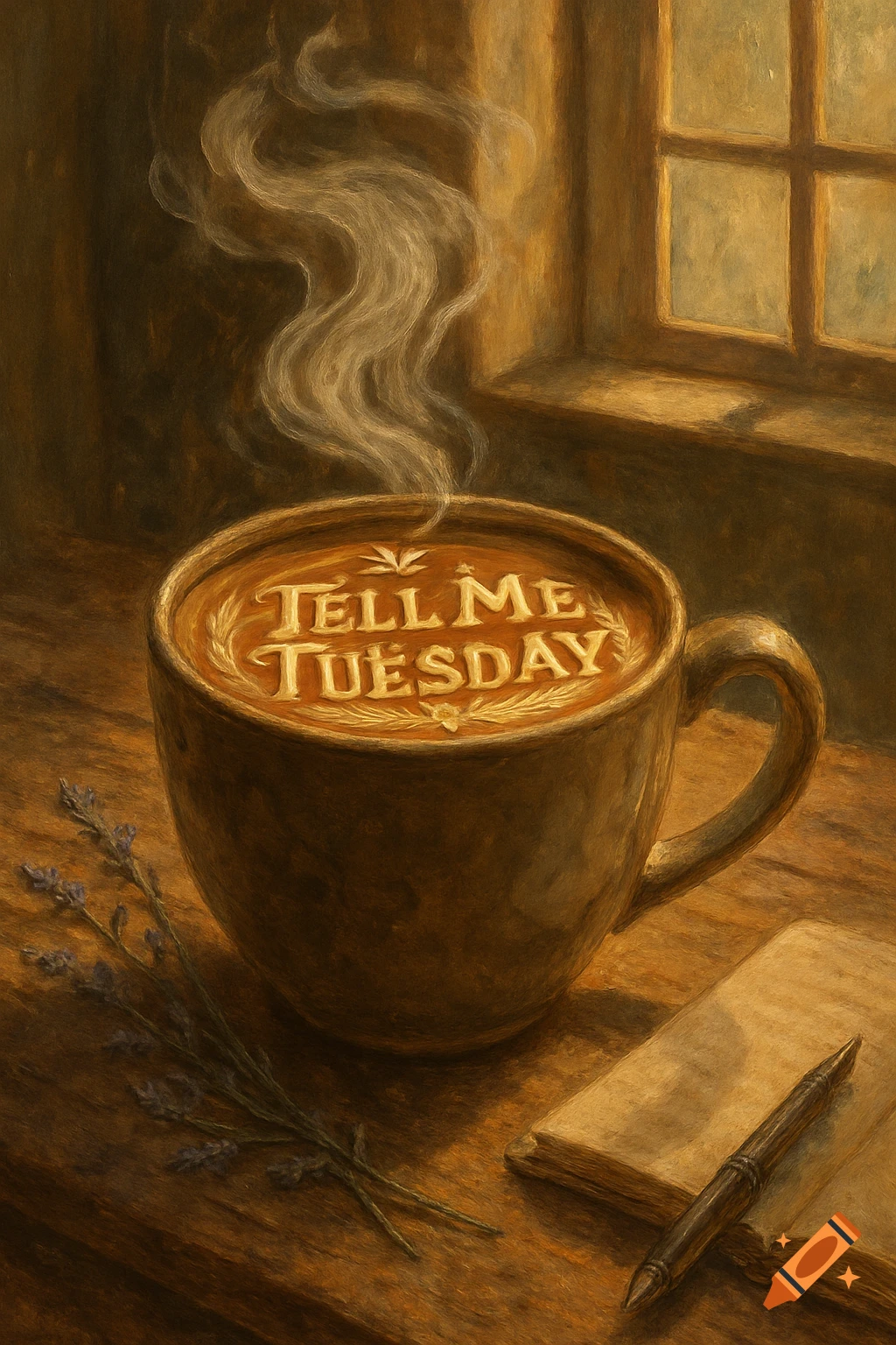 A warm-toned painting of a steaming cup of coffee on a wooden table, with "Tell Me Tuesday" etched in cream. Lavender sprigs and a notebook with a pen are beside the mug, near a window.