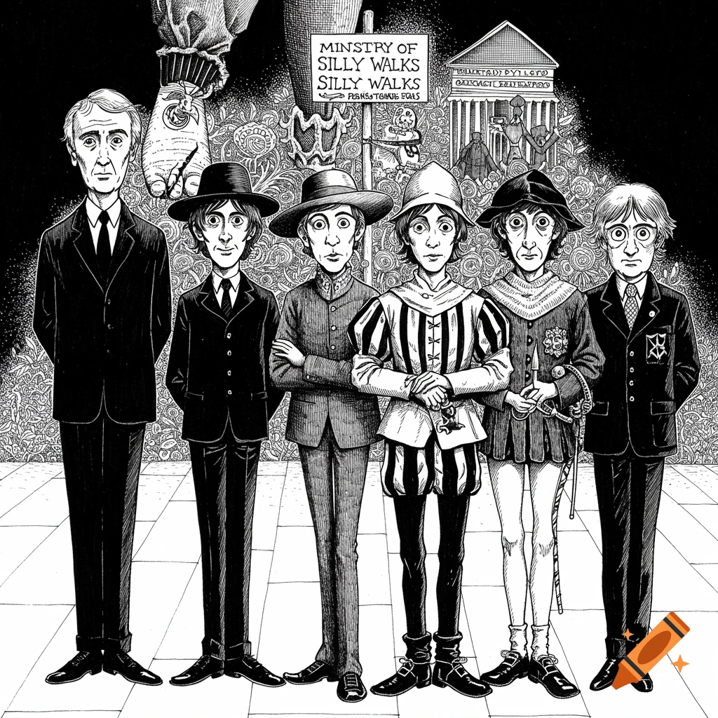 An ink drawing of six men in a line, dressed in suits and historical costumes, standing in front of a background with a 'Ministry of Silly Walks' sign and a classical building.