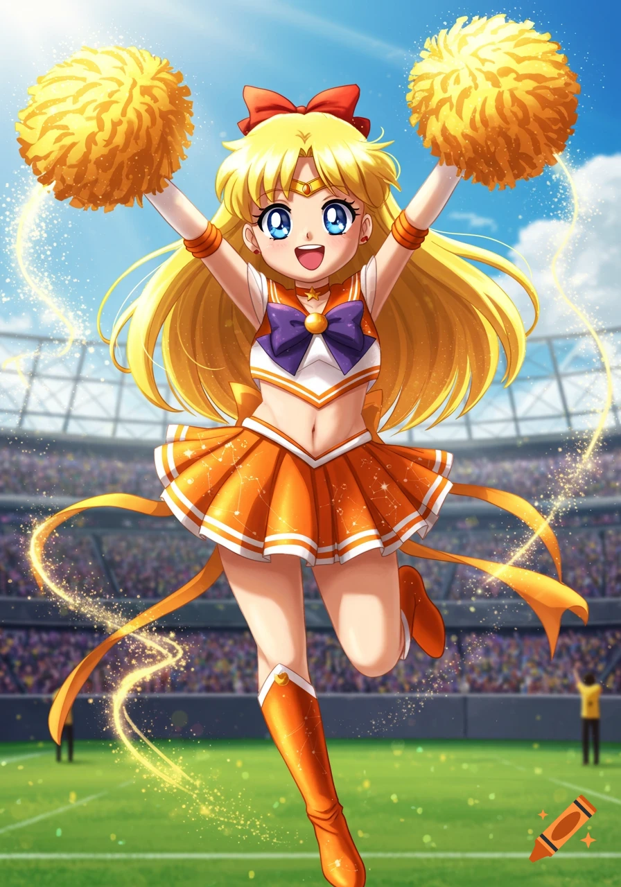 An excited anime character resembling Sailor Venus in an orange and white cheerleader uniform, holding golden pom-poms in a stadium.