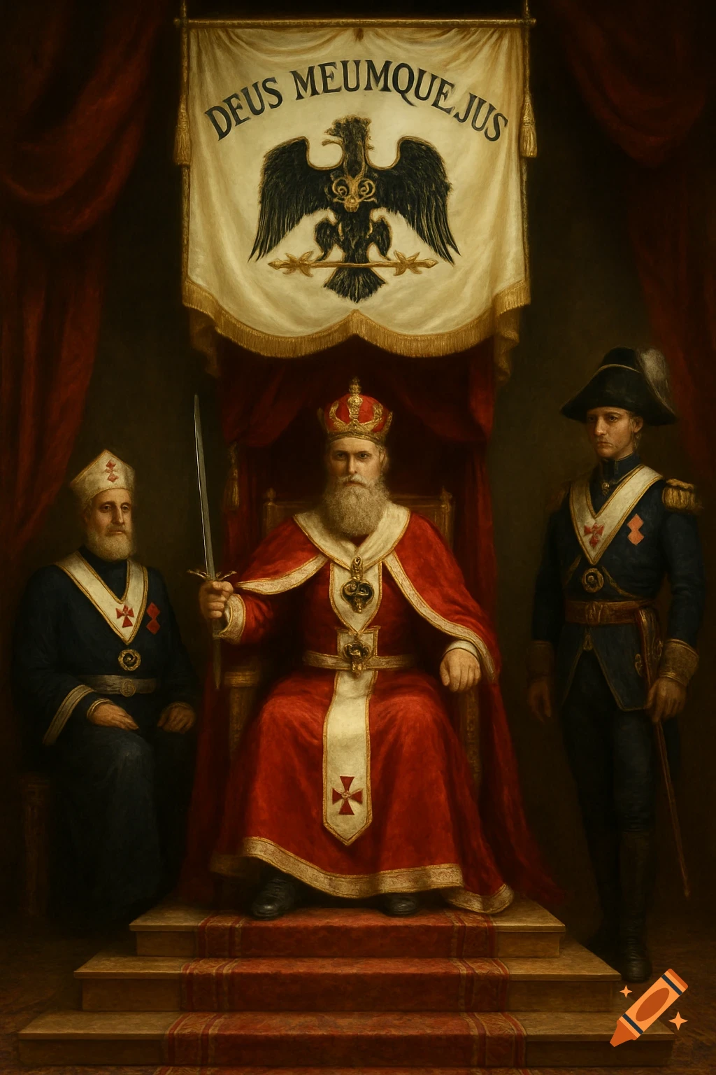 A historical painting of three men in ceremonial attire, with a crowned figure on a throne, under a banner reading "DEUS MEUMQUE JUS".