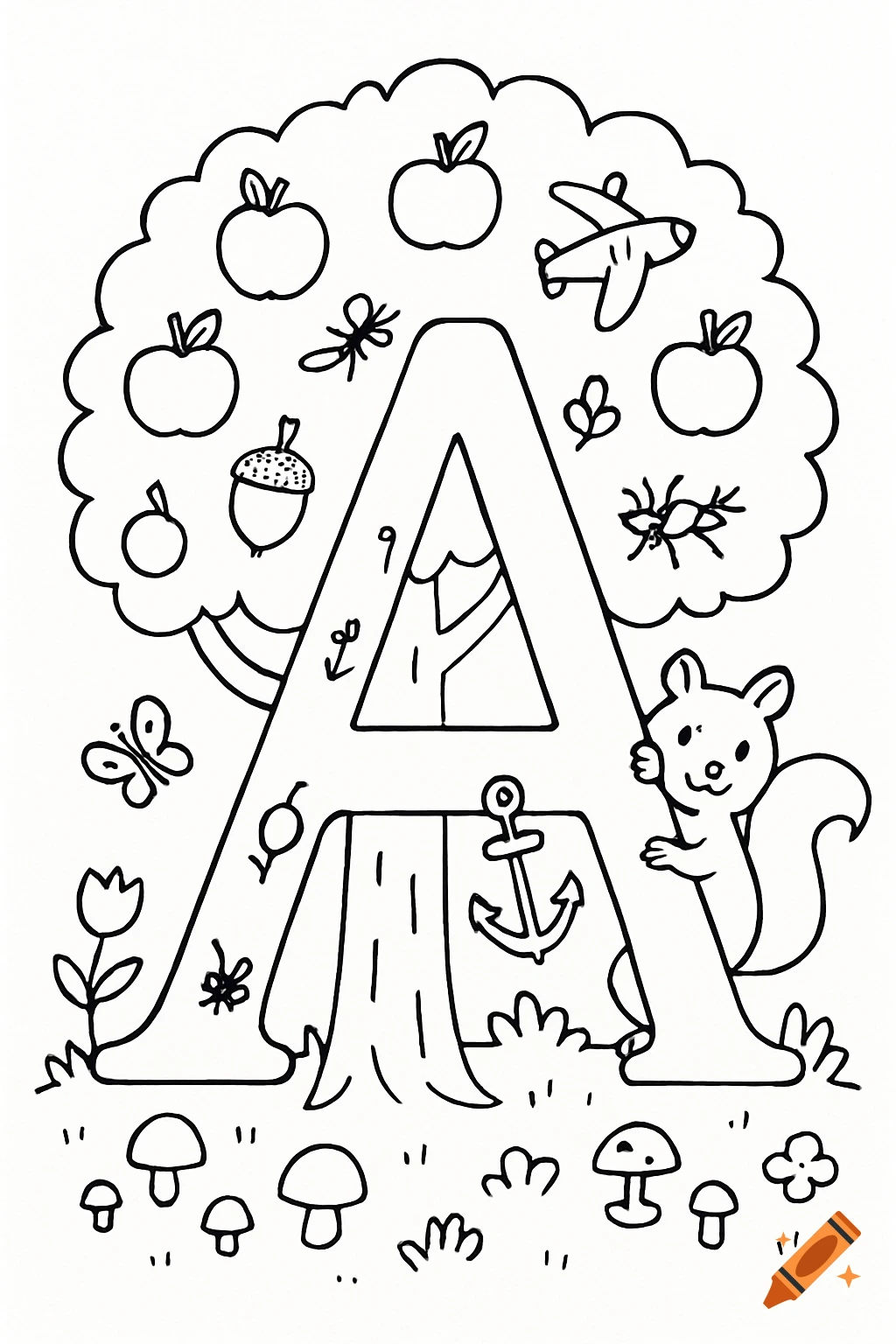 Black and white coloring page with a large letter A, surrounded by apples, acorn, airplane, squirrel, mushrooms, and a butterfly.