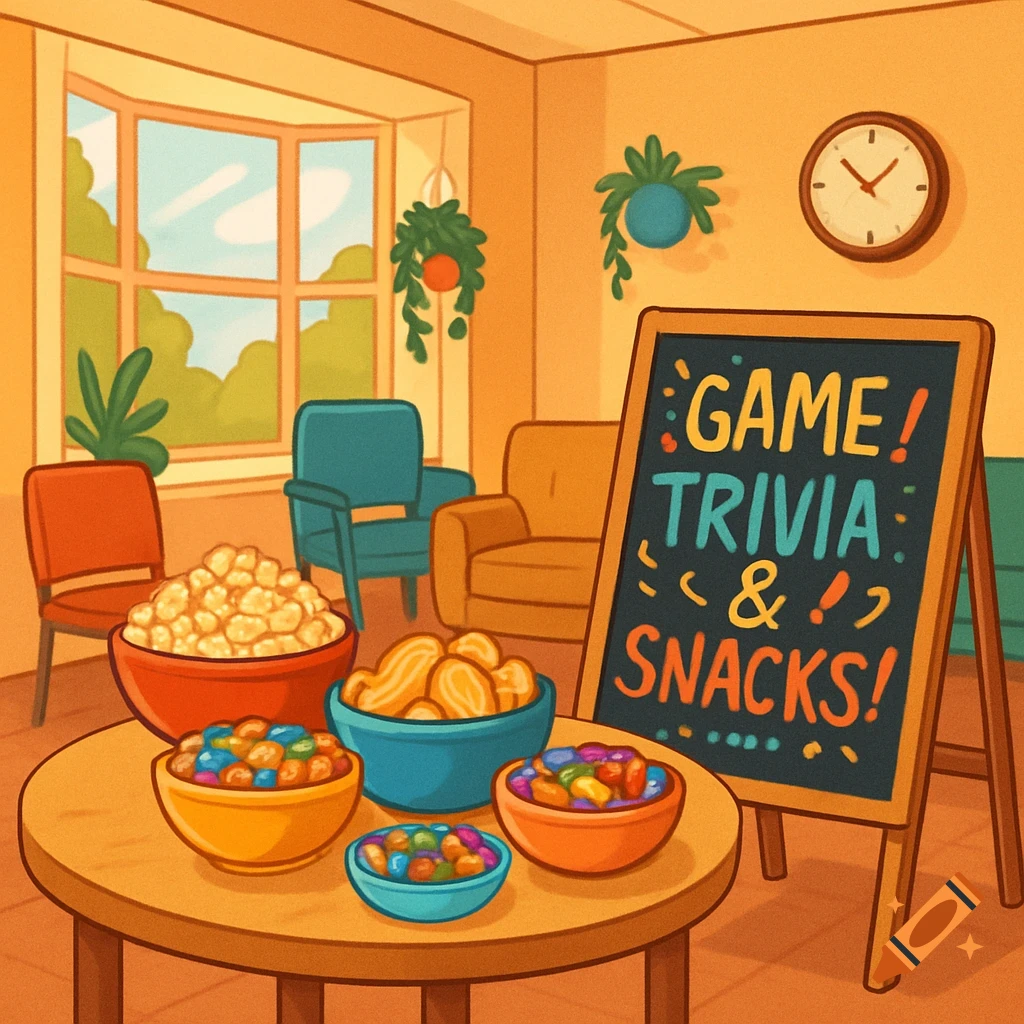 An illustration of a cozy room with bowls of popcorn, peanuts, and candy on a table, and a chalkboard sign reading "GAME! TRIVIA &! SNACKS!".