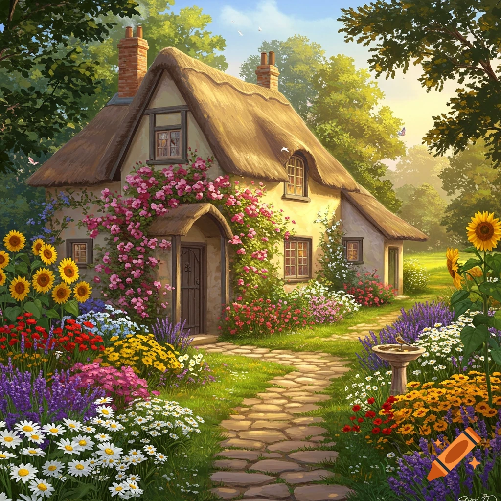 A picturesque cottage with a thatched roof surrounded by a vibrant, colorful garden of blooming flowers and a stone path.