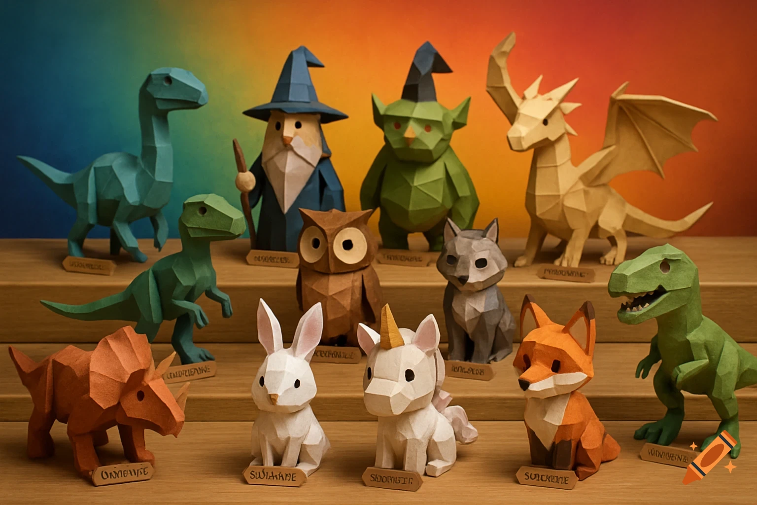A collection of colorful paper craft models of dinosaurs, fantasy creatures, and animals on wooden shelves against a rainbow background.