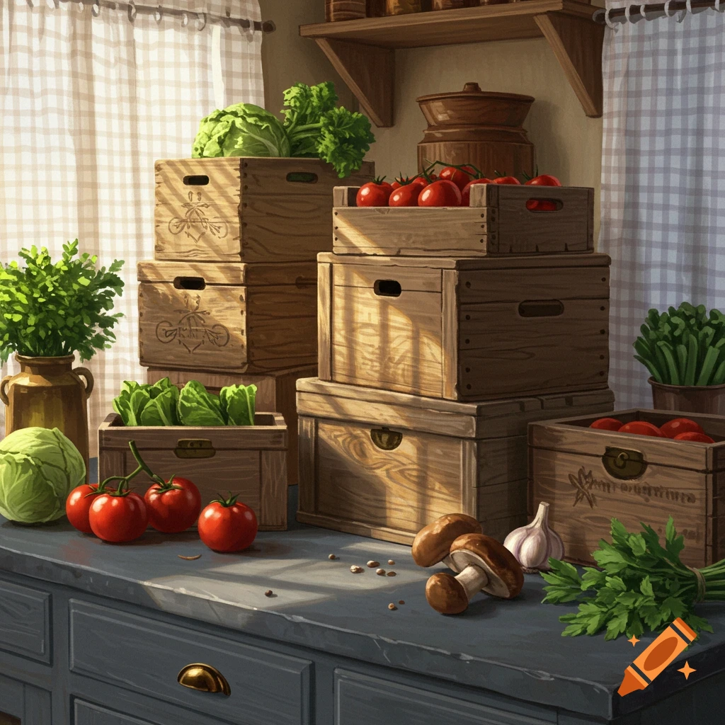 A kitchen counter with wooden crates filled with fresh vegetables, including cabbage, tomatoes, and greens, with mushrooms and garlic scattered nearby.