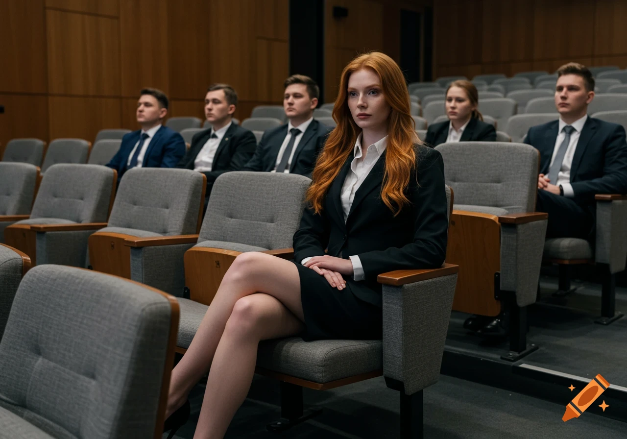 A redhead woman in a black suit sits with crossed legs in a conference auditorium, other professionals visible in the background.