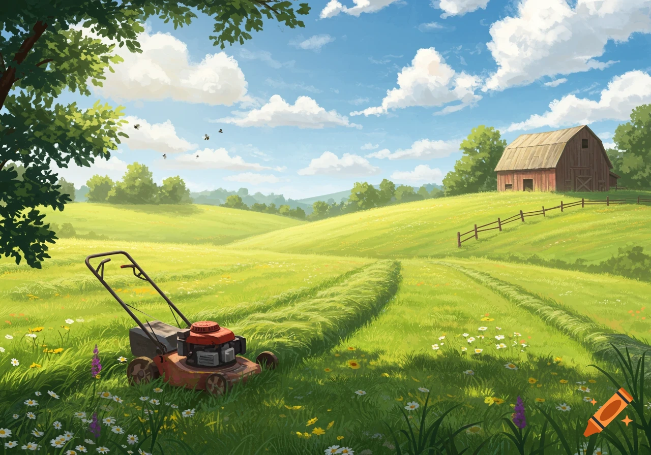A vibrant illustration of a lawnmower in a field of green grass with wildflowers, leading to rolling hills and a red barn under a blue sky.