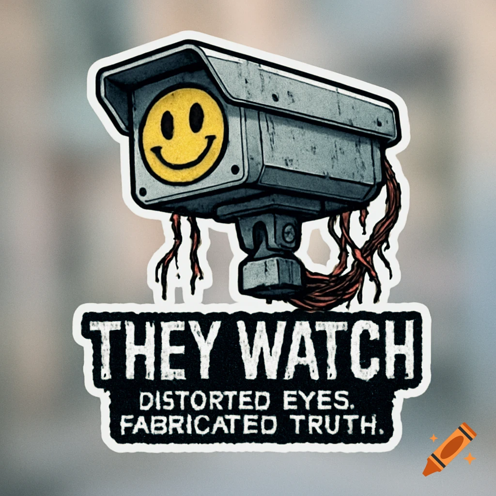 A stylized sticker features a surveillance camera with a yellow smiley face for the lens and red, bleeding wires. Below it, text reads "THEY WATCH" and "DISTORTED EYES. FABRICATED TRUTH."