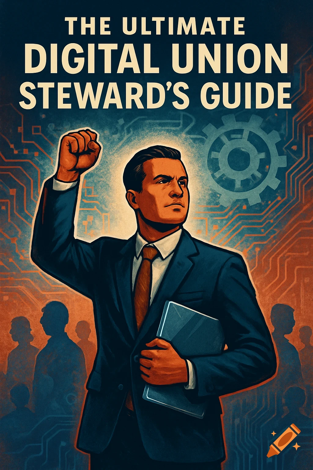 Stylized illustration of a man in a suit with a raised fist, holding a book titled "The Ultimate Digital Union Steward's Guide" against a digital circuit board background.